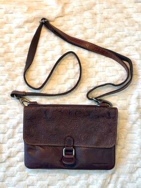 Jack Georges Floral Embossed Brown Buffalo Leather Crossbody Wallet Bag